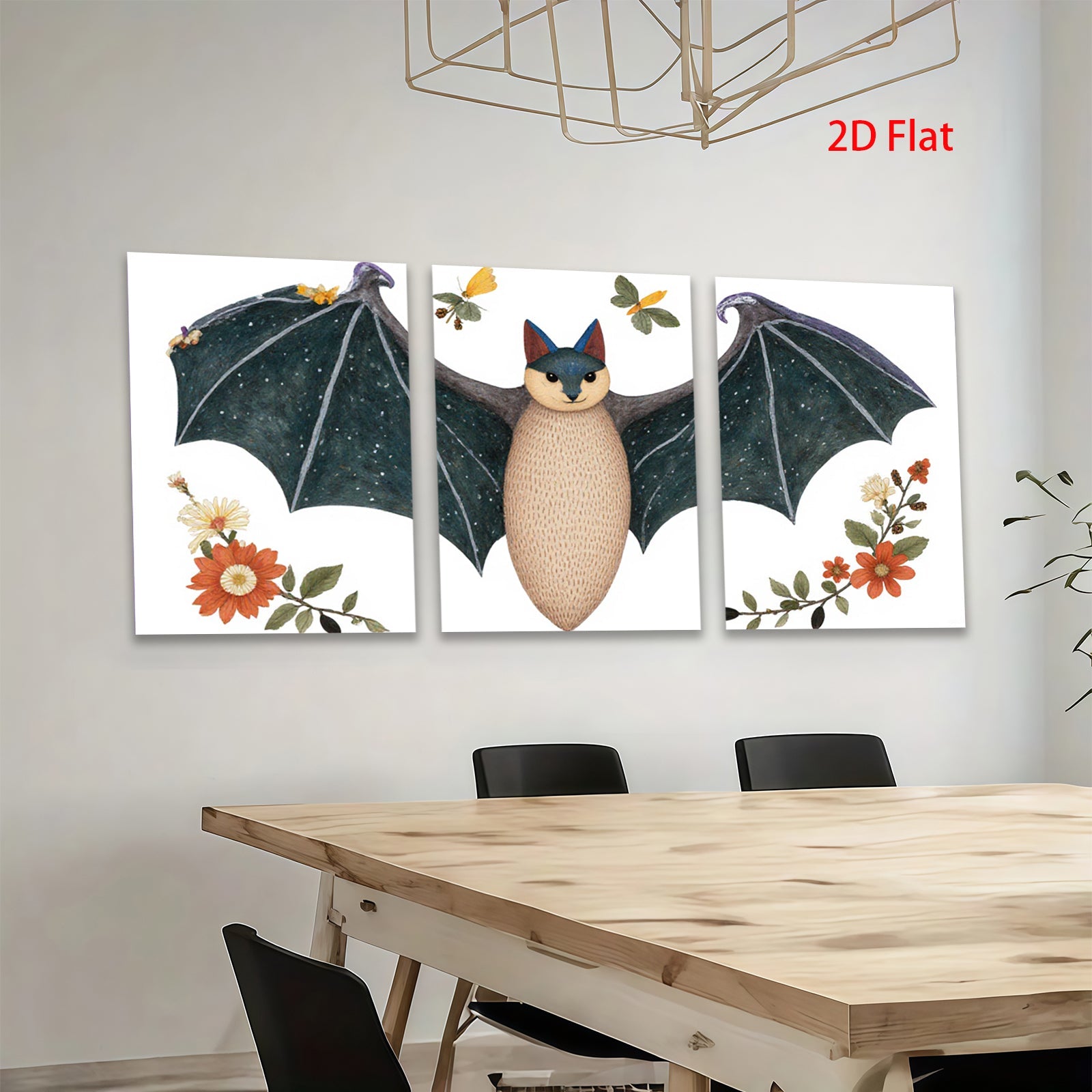 2D flat 1pc whimsical bat floral art print bedroom nursery decor wall hanging modern farmhouse style cozy vibes gallery wrapped canvas