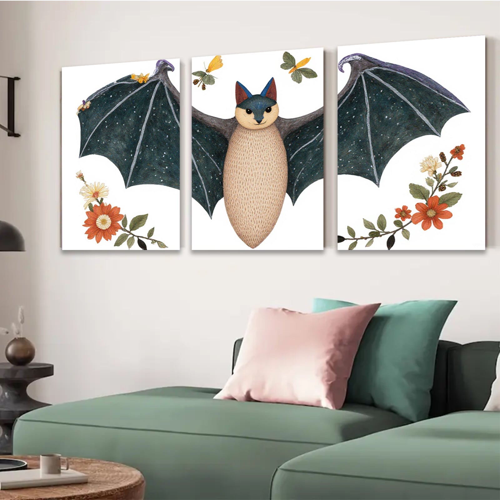 2D flat 1pc whimsical bat floral art print bedroom nursery decor wall hanging modern farmhouse style cozy vibes gallery wrapped canvas