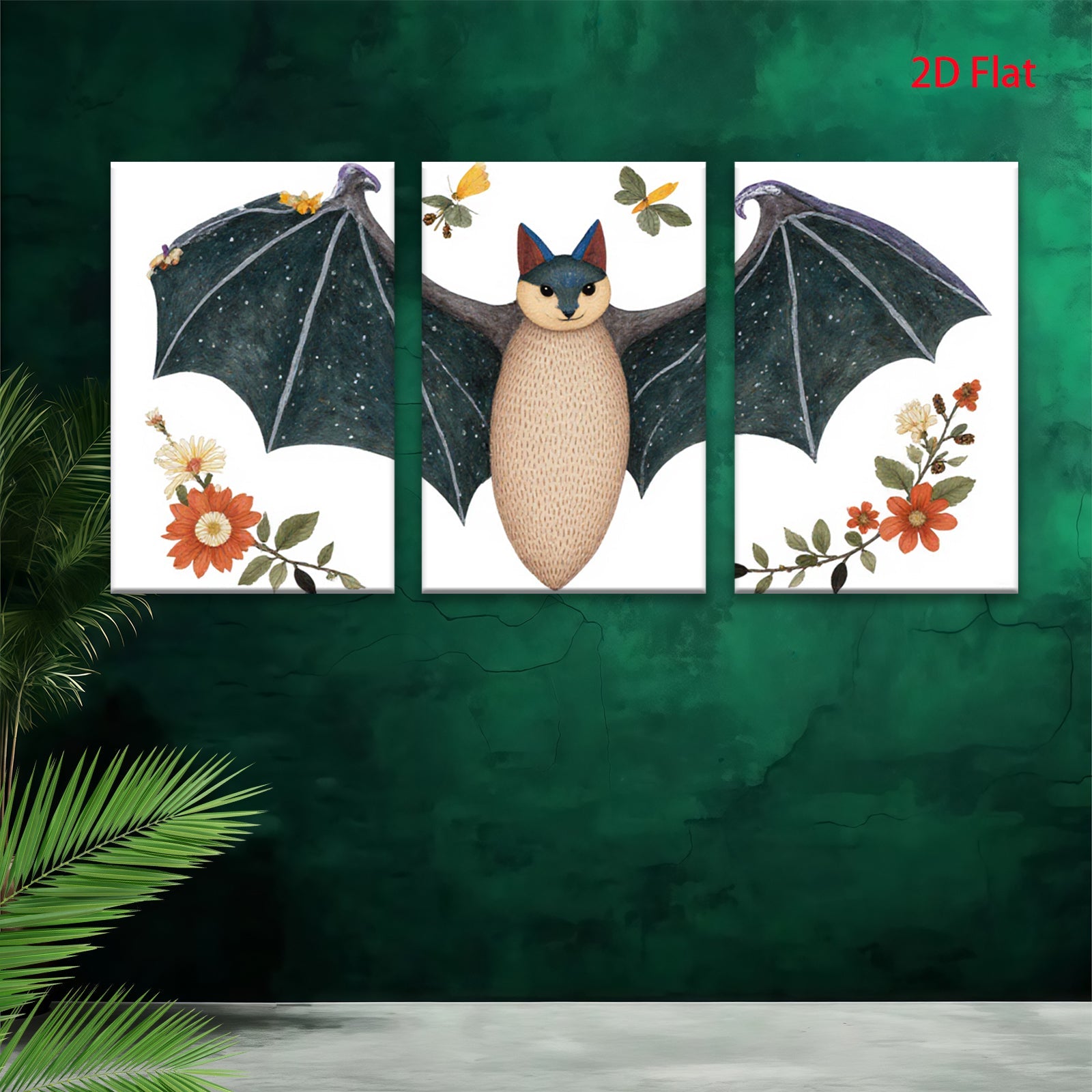 2D flat 1pc whimsical bat floral art print bedroom nursery decor wall hanging modern farmhouse style cozy vibes gallery wrapped canvas