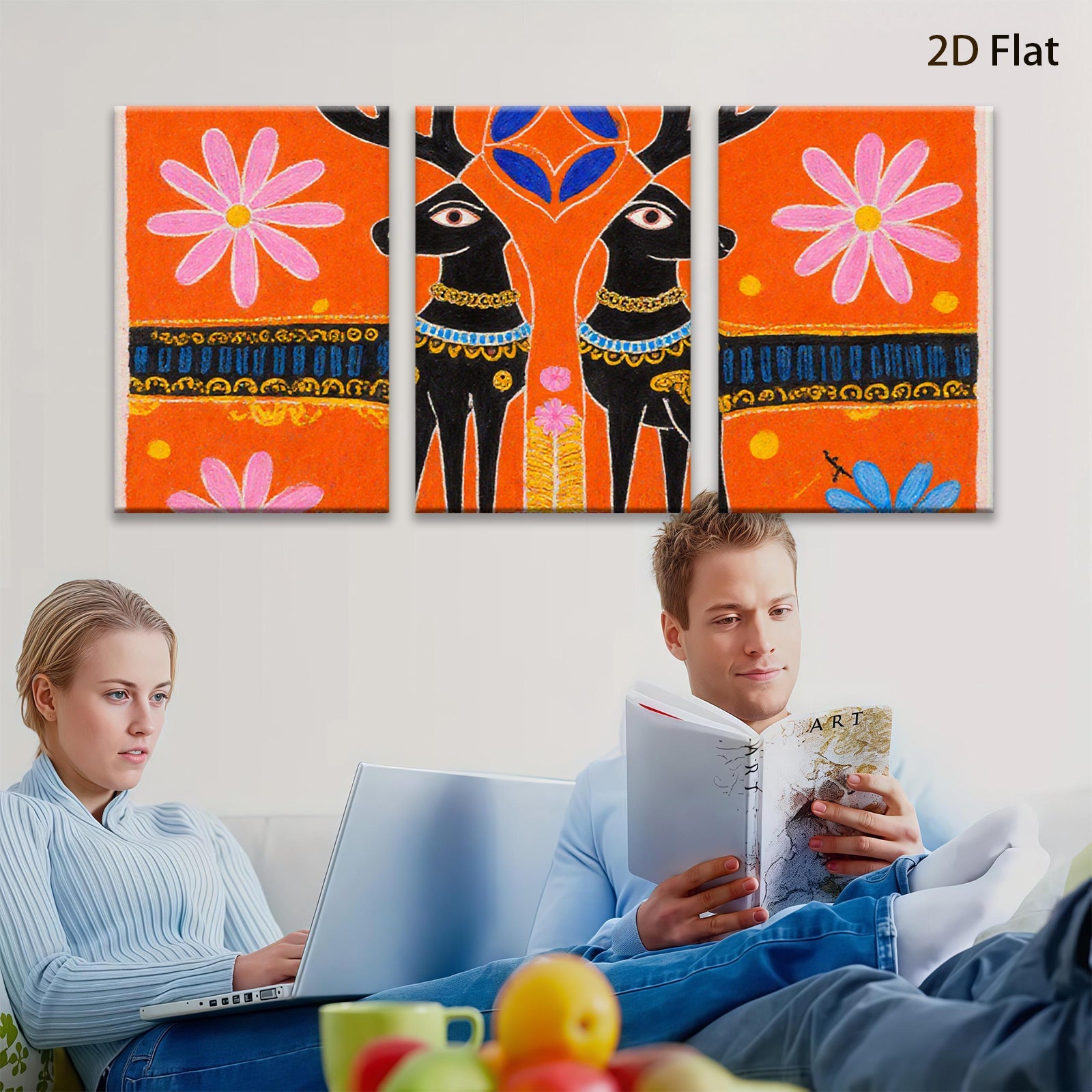 2D flat 1pc whimsical black deer folk art painting farmhouse wall decor living room bedroom gallery wrapped canvas modern minimalist art