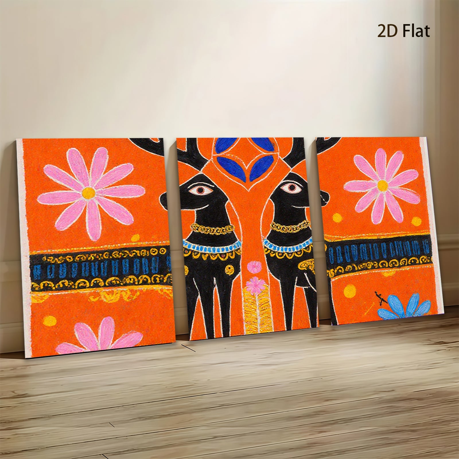 2D flat 1pc whimsical black deer folk art painting farmhouse wall decor living room bedroom gallery wrapped canvas modern minimalist art
