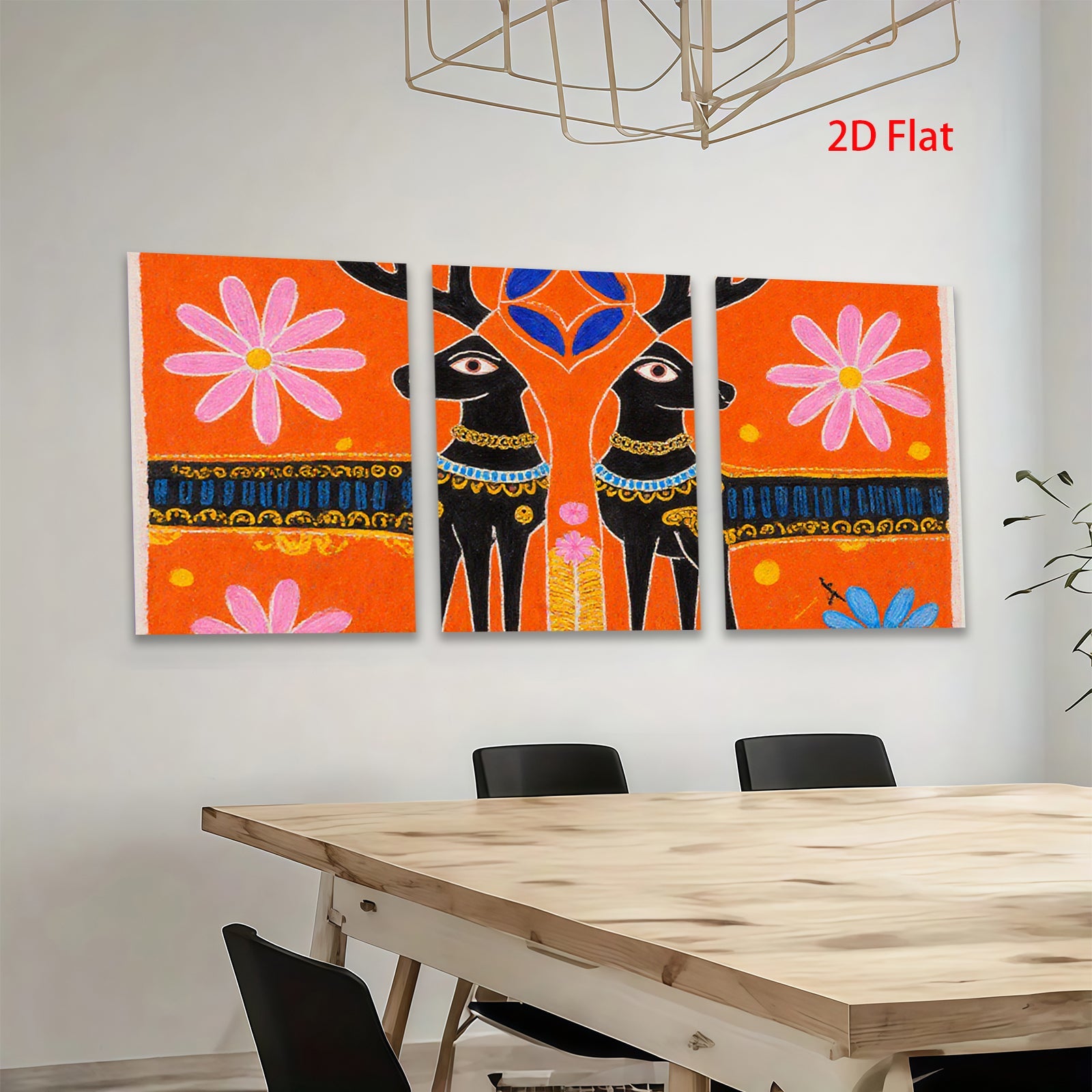 2D flat 1pc whimsical black deer folk art painting farmhouse wall decor living room bedroom gallery wrapped canvas modern minimalist art