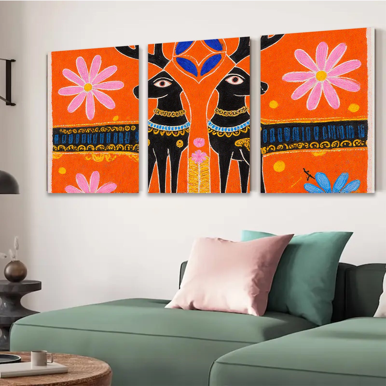 2D flat 1pc whimsical black deer folk art painting farmhouse wall decor living room bedroom gallery wrapped canvas modern minimalist art