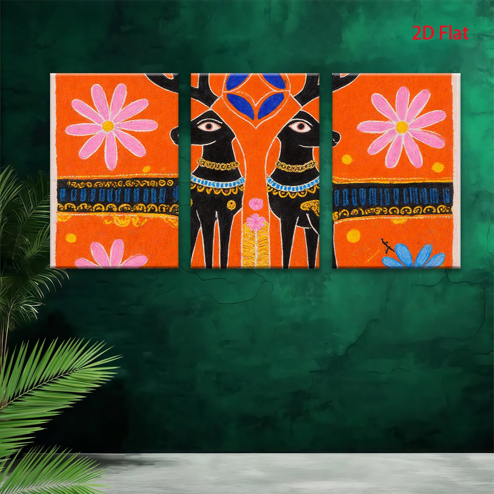 2D flat 1pc whimsical black deer folk art painting farmhouse wall decor living room bedroom gallery wrapped canvas modern minimalist art