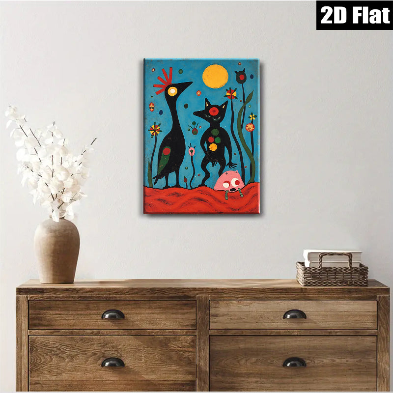 2D flat 1pc whimsical black figures bloom amidst vibrant botanical garden decor modern farmhouse gallery wall art