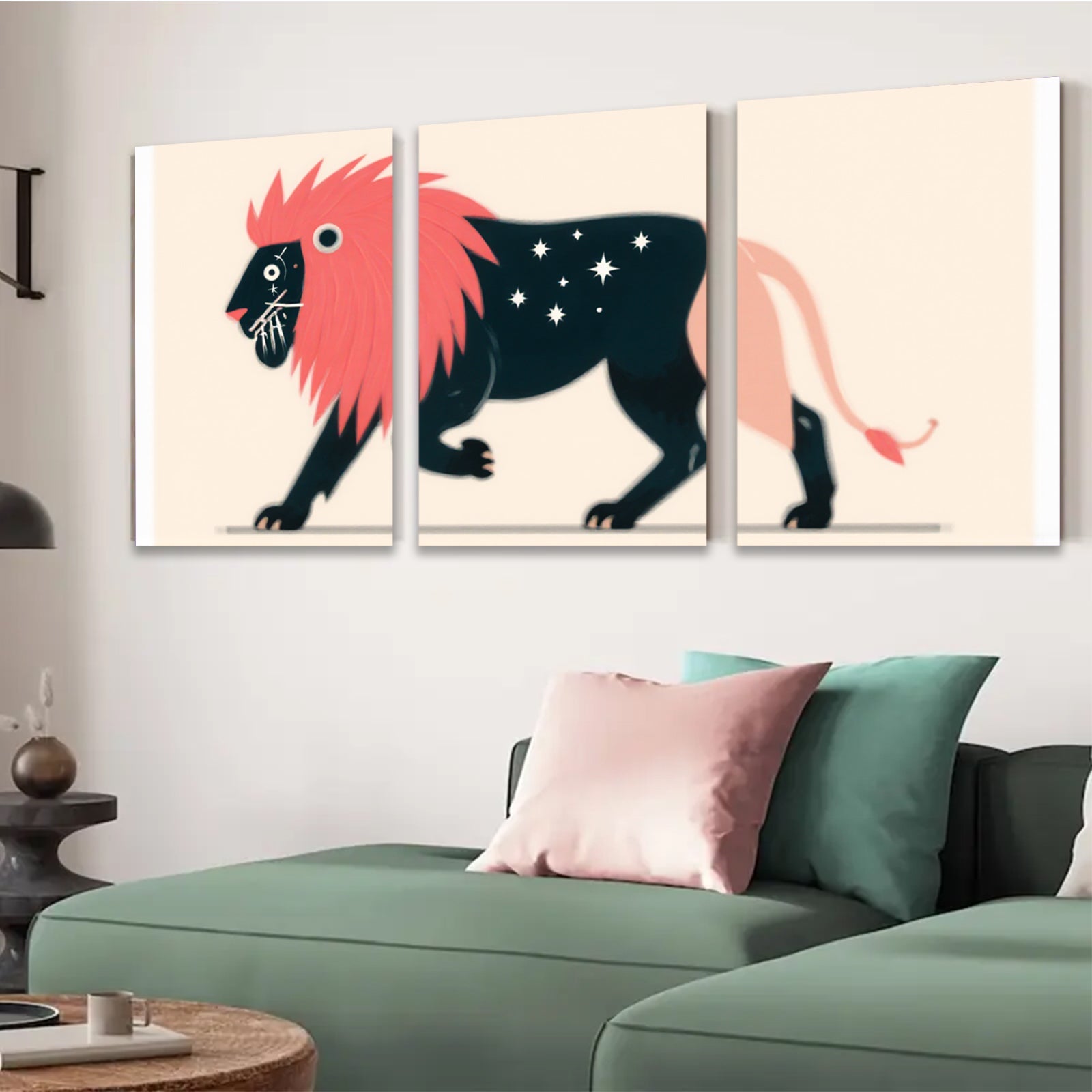 2D flat 1pc whimsical black lion stars nursery decor kids room playroom wall art canvas prints modern farmhouse gallery wrapped timeless style