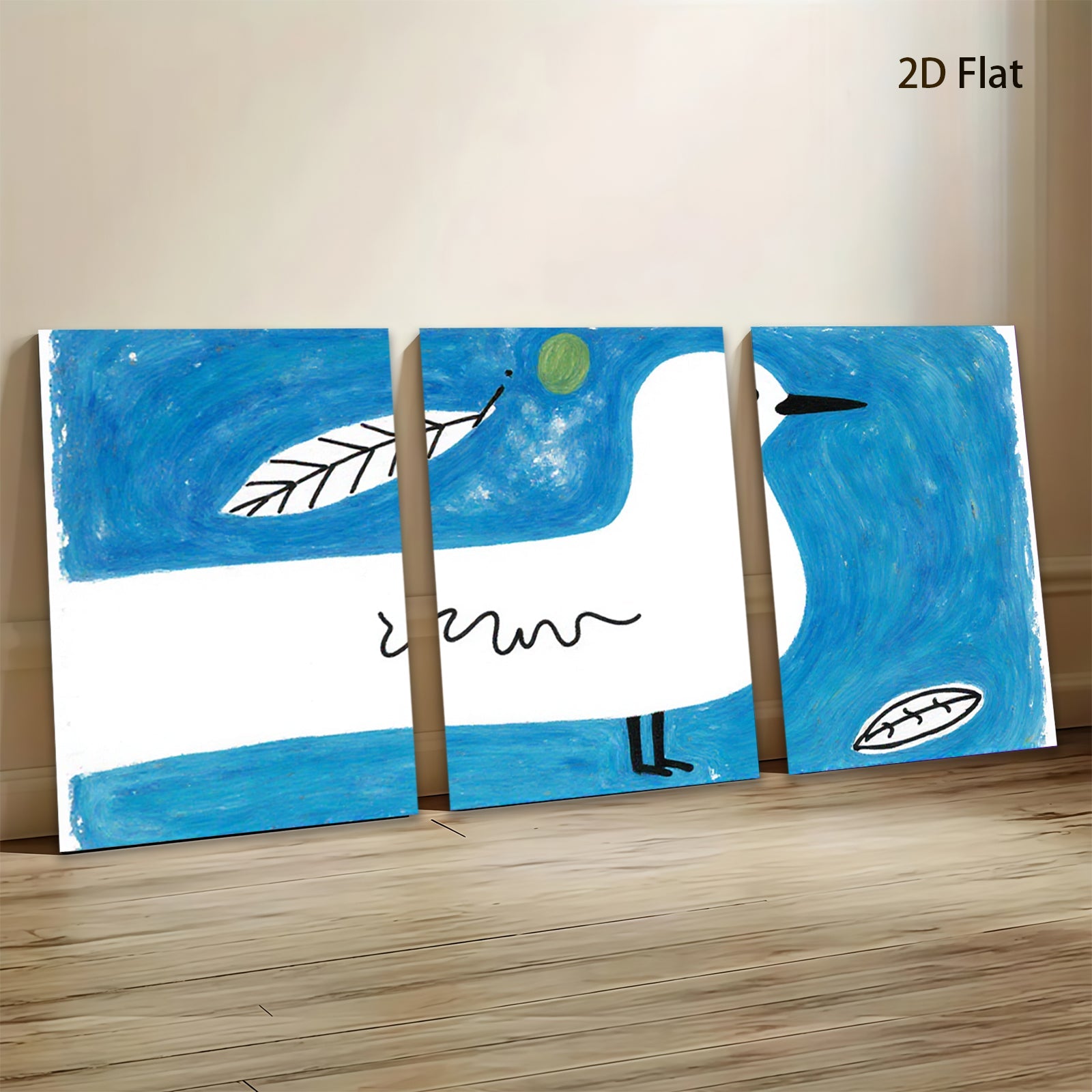 2D flat 1pc whimsical blue bird folk art painting modern farmhouse wall decor bedroom living room gallery wrapped canvas prints