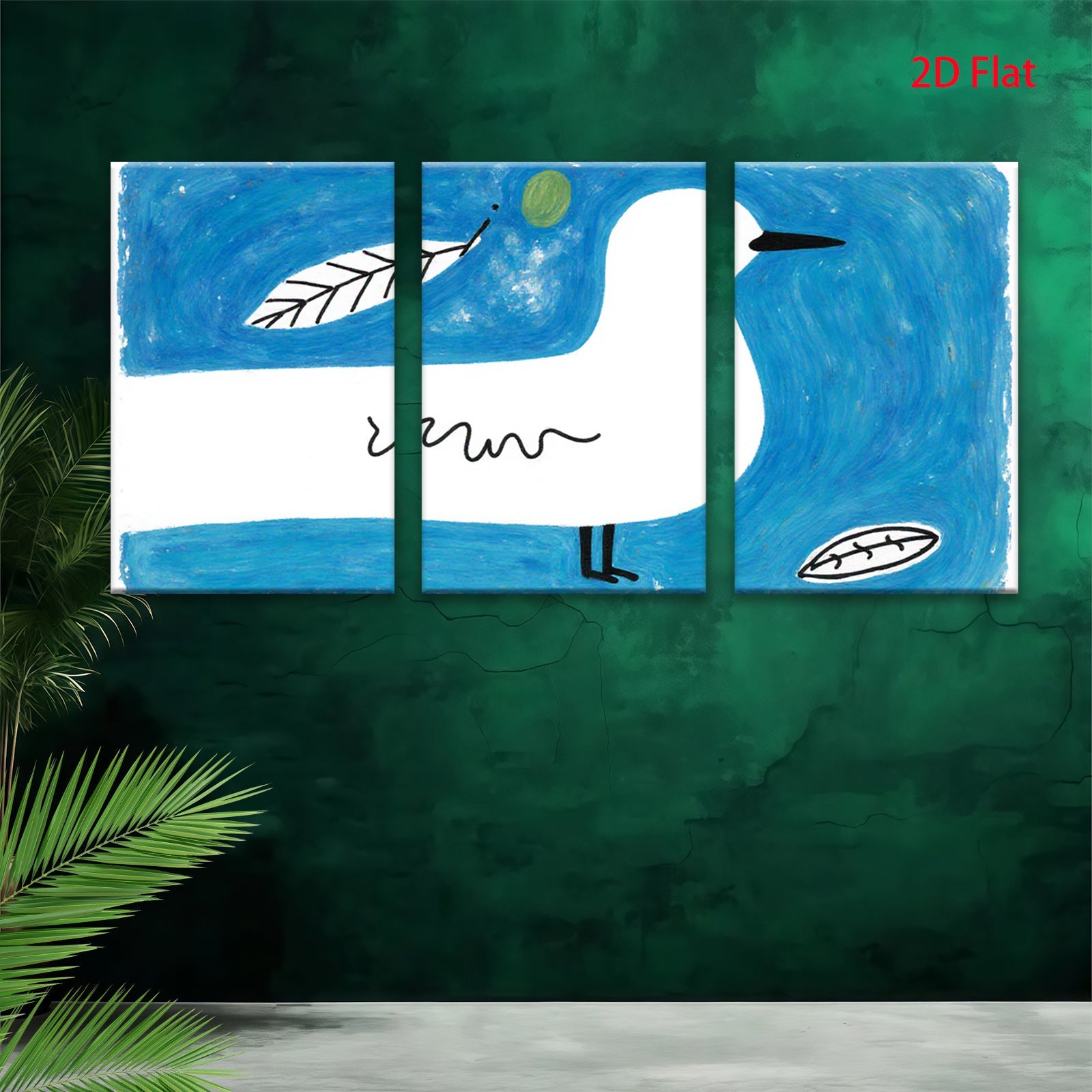 2D flat 1pc whimsical blue bird folk art painting modern farmhouse wall decor bedroom living room gallery wrapped canvas prints