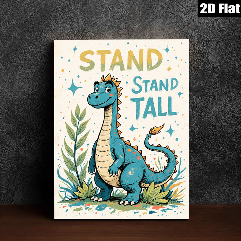 2D flat 1pc whimsical blue dinosaur art print kids room nursery playroom decor vibrant colors gallery wrapped canvas wall art modern farmhouse style