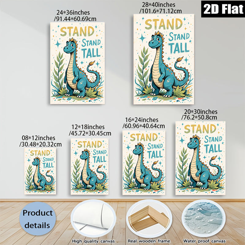 2D flat 1pc whimsical blue dinosaur art print kids room nursery playroom decor vibrant colors gallery wrapped canvas wall art modern farmhouse style