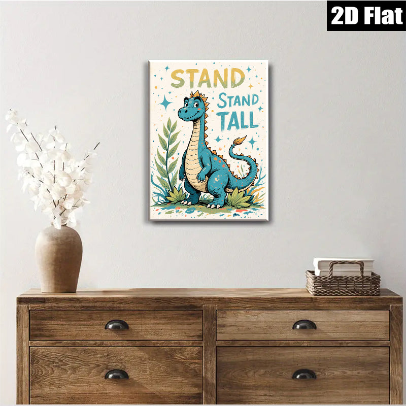 2D flat 1pc whimsical blue dinosaur art print kids room nursery playroom decor vibrant colors gallery wrapped canvas wall art modern farmhouse style