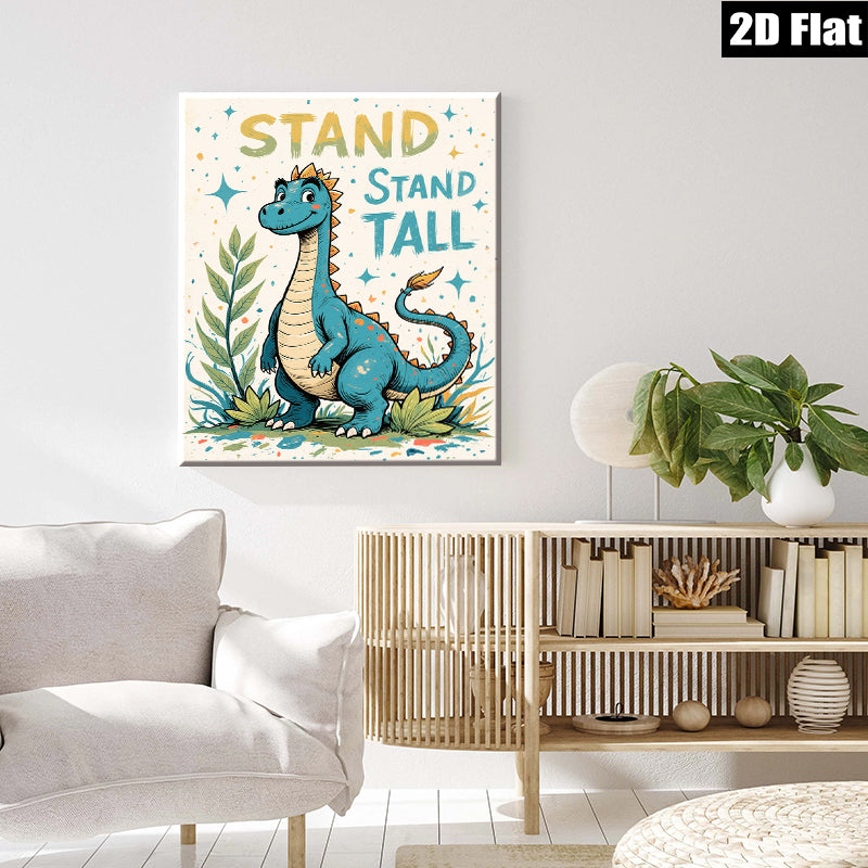 2D flat 1pc whimsical blue dinosaur art print kids room nursery playroom decor vibrant colors gallery wrapped canvas wall art modern farmhouse style