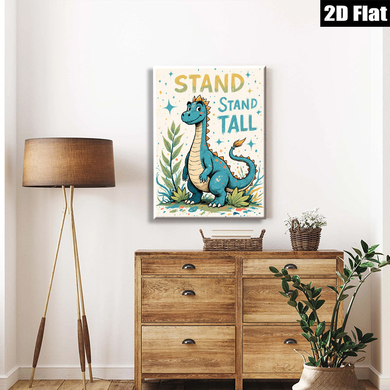 2D flat 1pc whimsical blue dinosaur art print kids room nursery playroom decor vibrant colors gallery wrapped canvas wall art modern farmhouse style