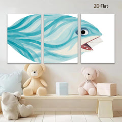2D flat 1pc whimsical blue fish painting modern farmhouse wall art for bedroom living room gallery wrapped canvas prints