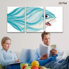 2D flat 1pc whimsical blue fish painting modern farmhouse wall art for bedroom living room gallery wrapped canvas prints