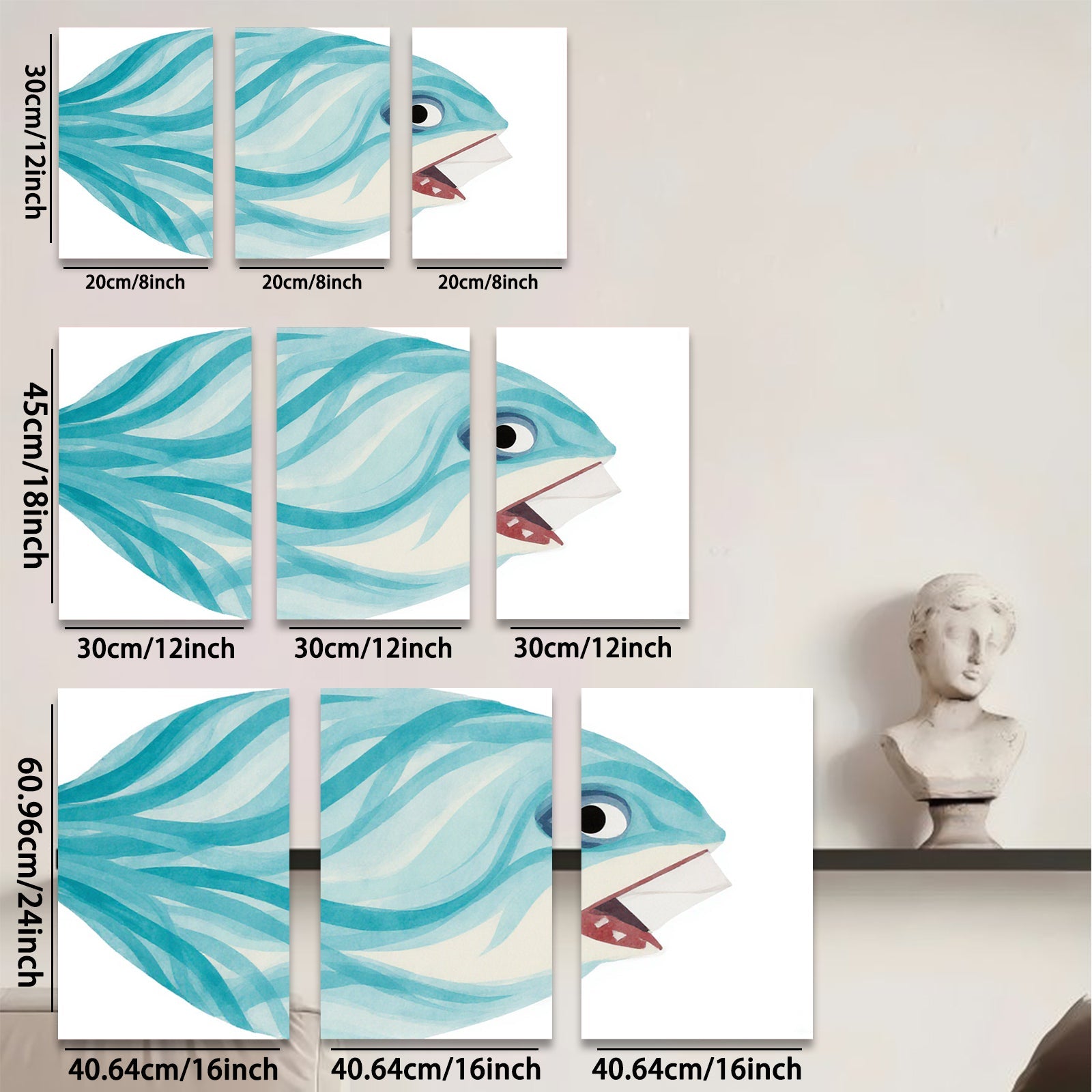 2D flat 1pc whimsical blue fish painting modern farmhouse wall art for bedroom living room gallery wrapped canvas prints
