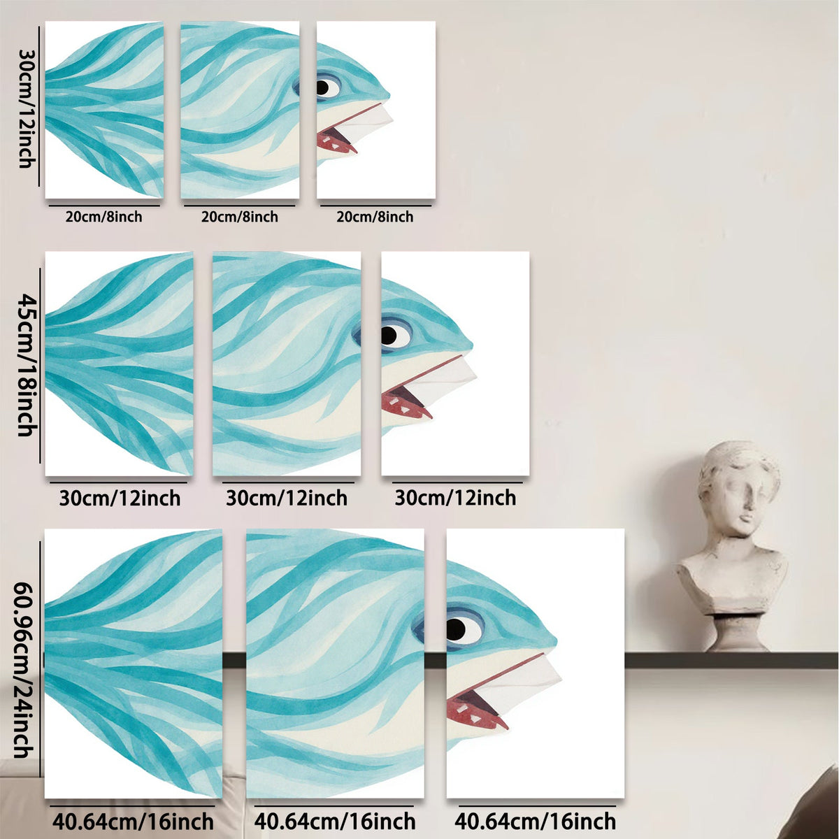 2D flat 1pc whimsical blue fish painting modern farmhouse wall art for bedroom living room gallery wrapped canvas prints