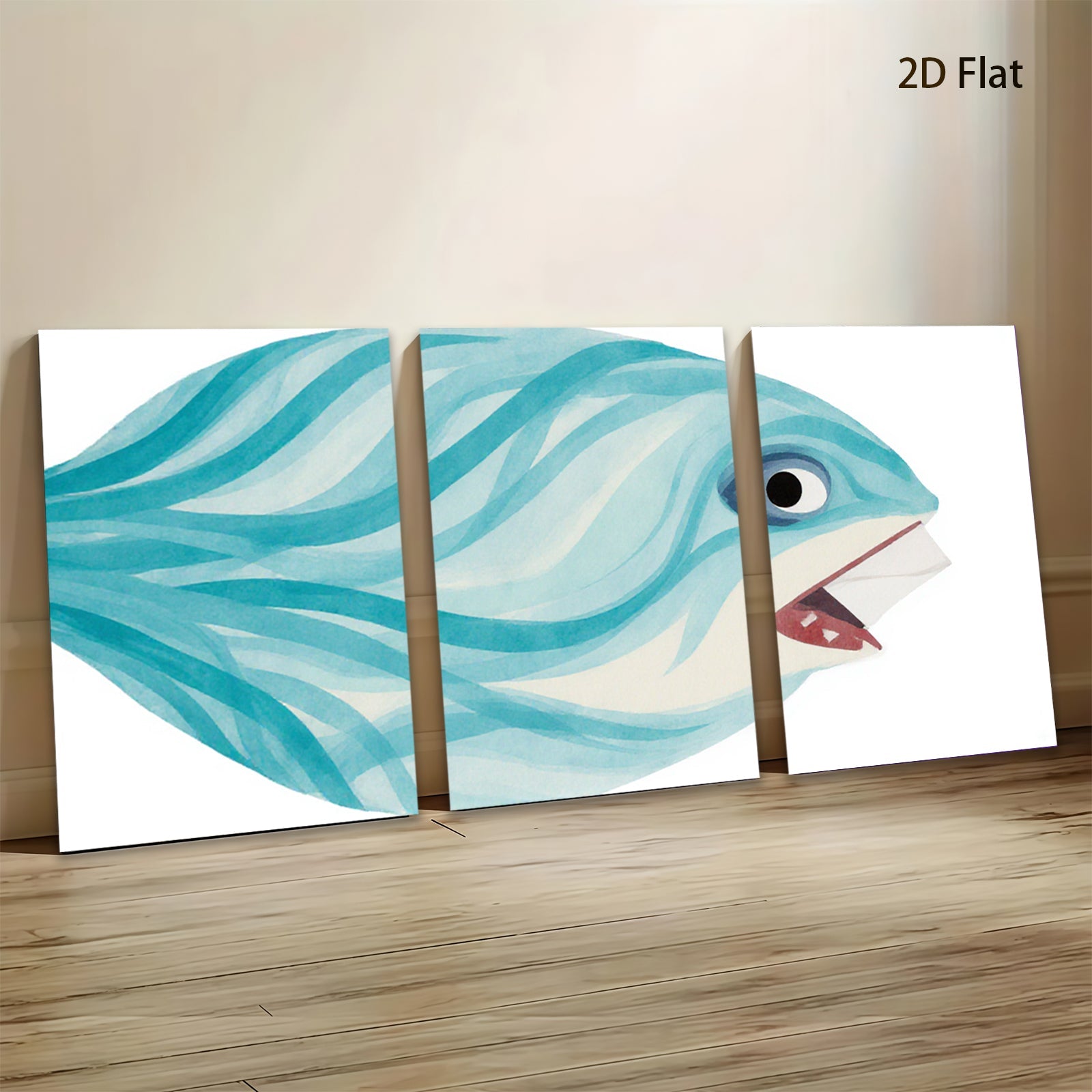 2D flat 1pc whimsical blue fish painting modern farmhouse wall art for bedroom living room gallery wrapped canvas prints