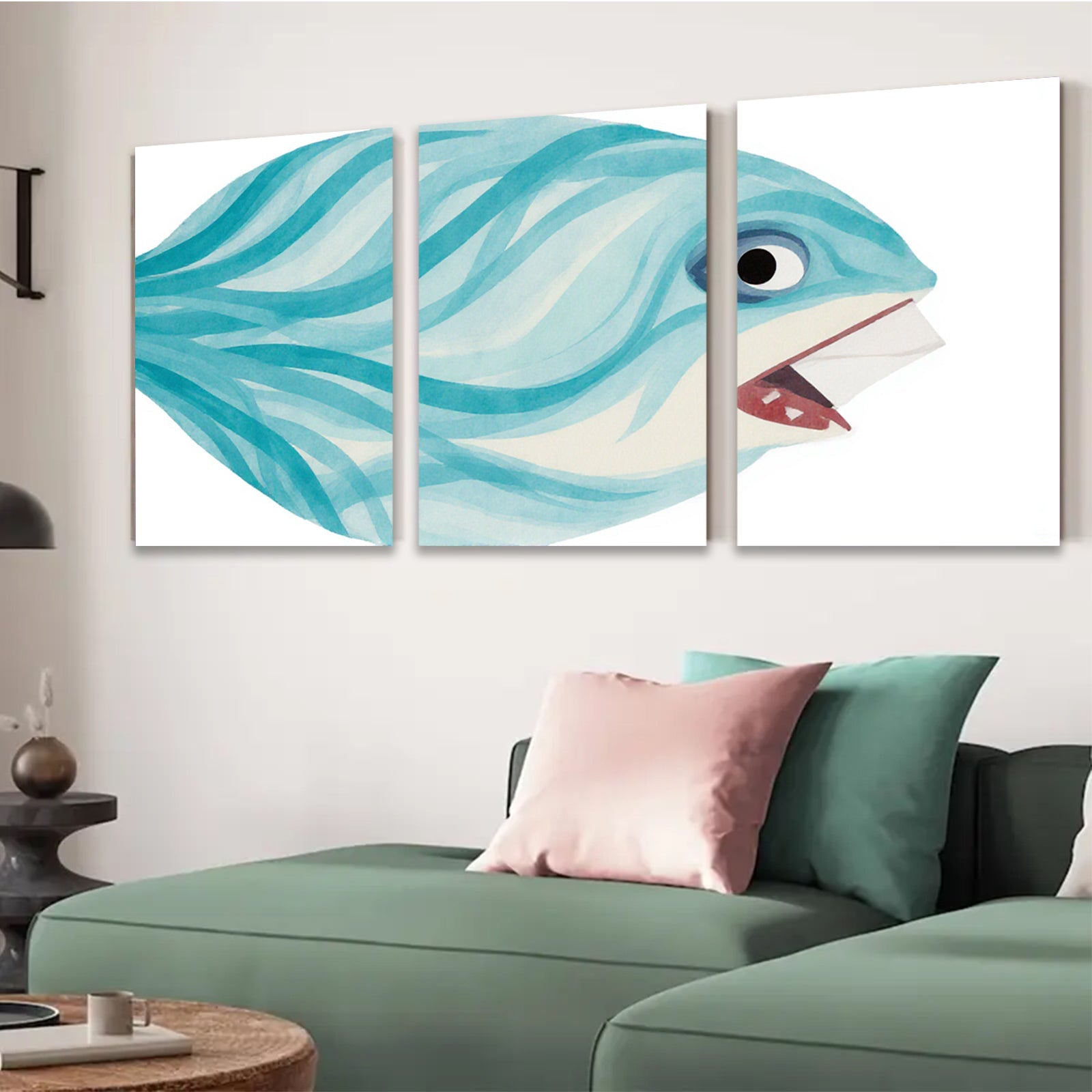 2D flat 1pc whimsical blue fish painting modern farmhouse wall art for bedroom living room gallery wrapped canvas prints