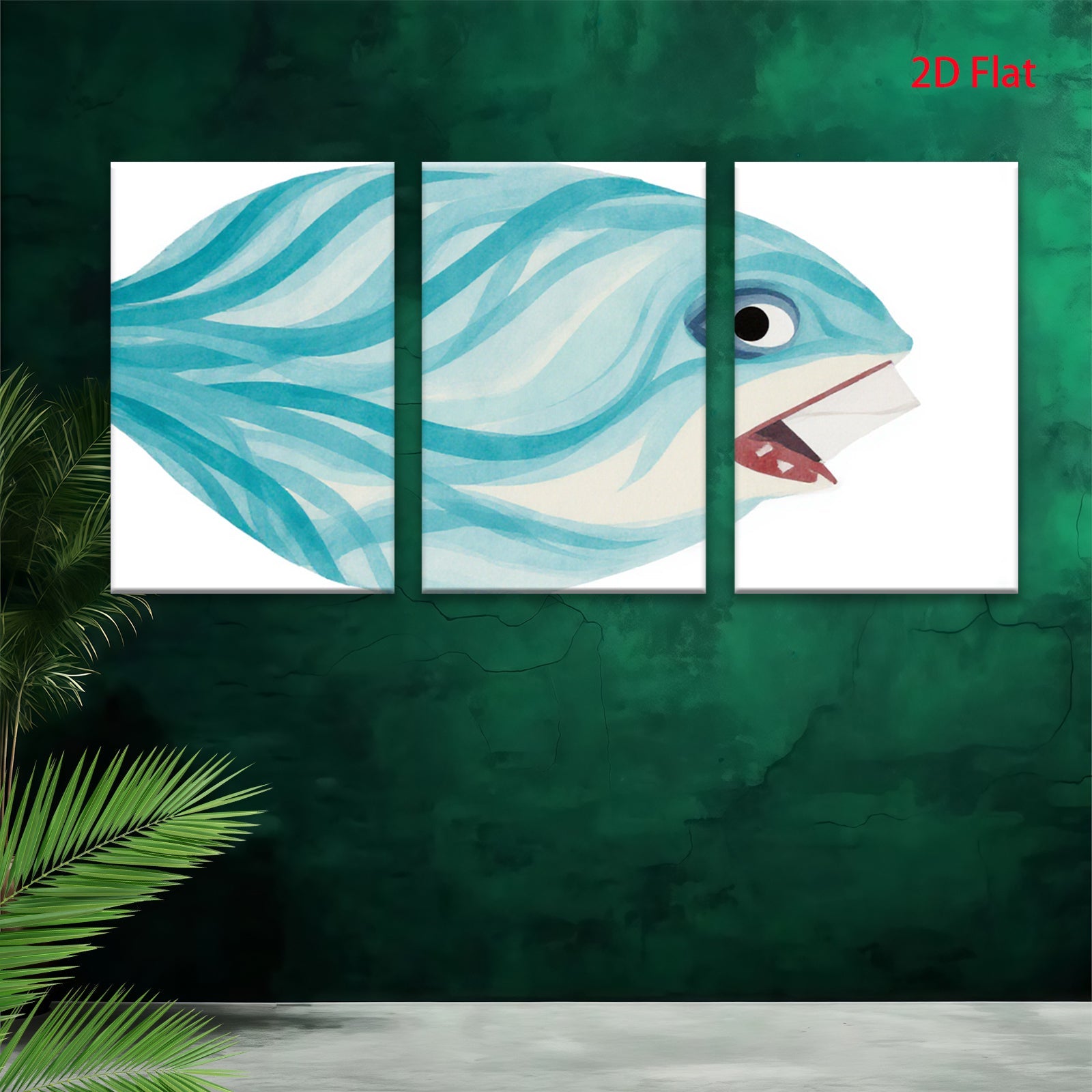 2D flat 1pc whimsical blue fish painting modern farmhouse wall art for bedroom living room gallery wrapped canvas prints