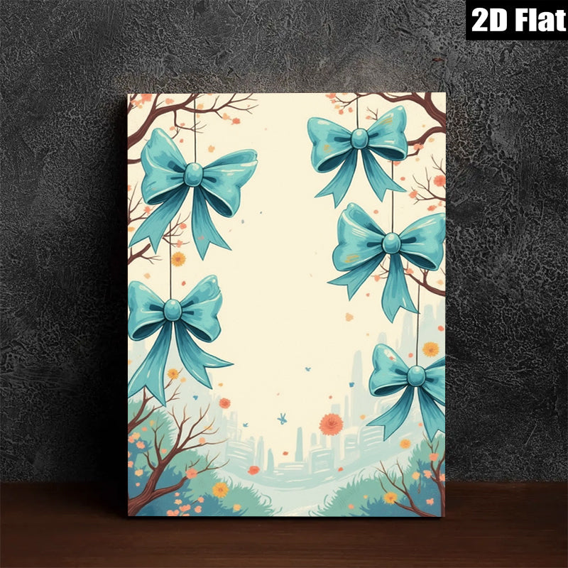 2D flat 1pc whimsical blue ribbon floral garden wall art canvas prints for living room bedroom home decor farmhouse style cozy vibes