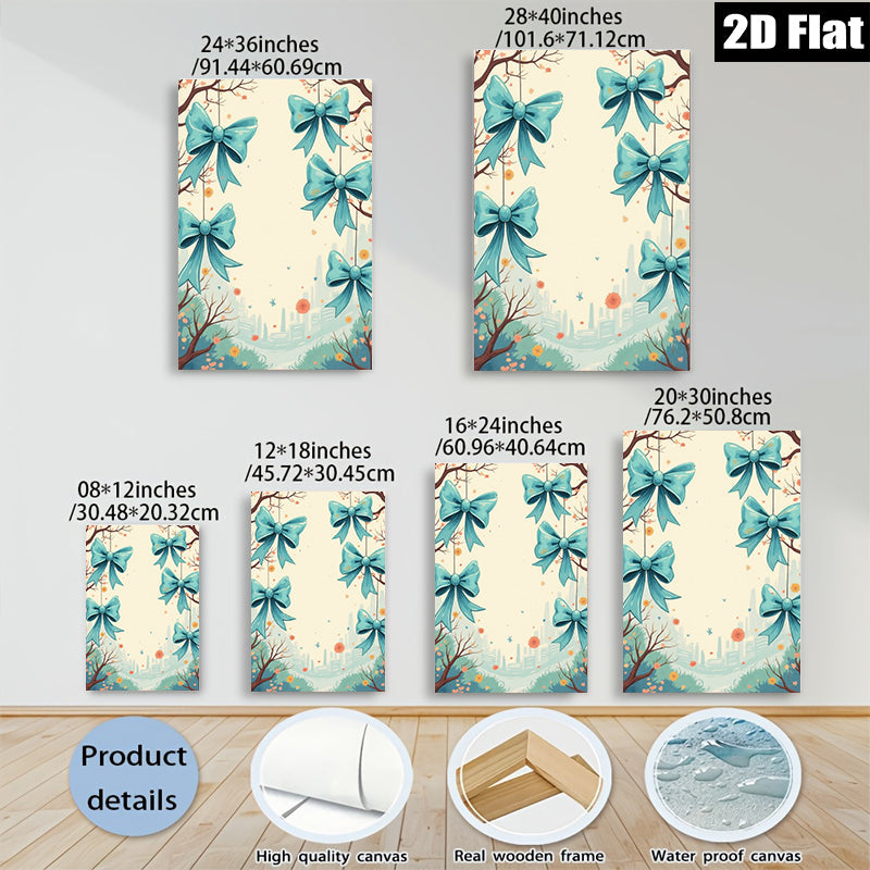 2D flat 1pc whimsical blue ribbon floral garden wall art canvas prints for living room bedroom home decor farmhouse style cozy vibes