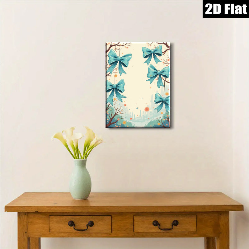2D flat 1pc whimsical blue ribbon floral garden wall art canvas prints for living room bedroom home decor farmhouse style cozy vibes