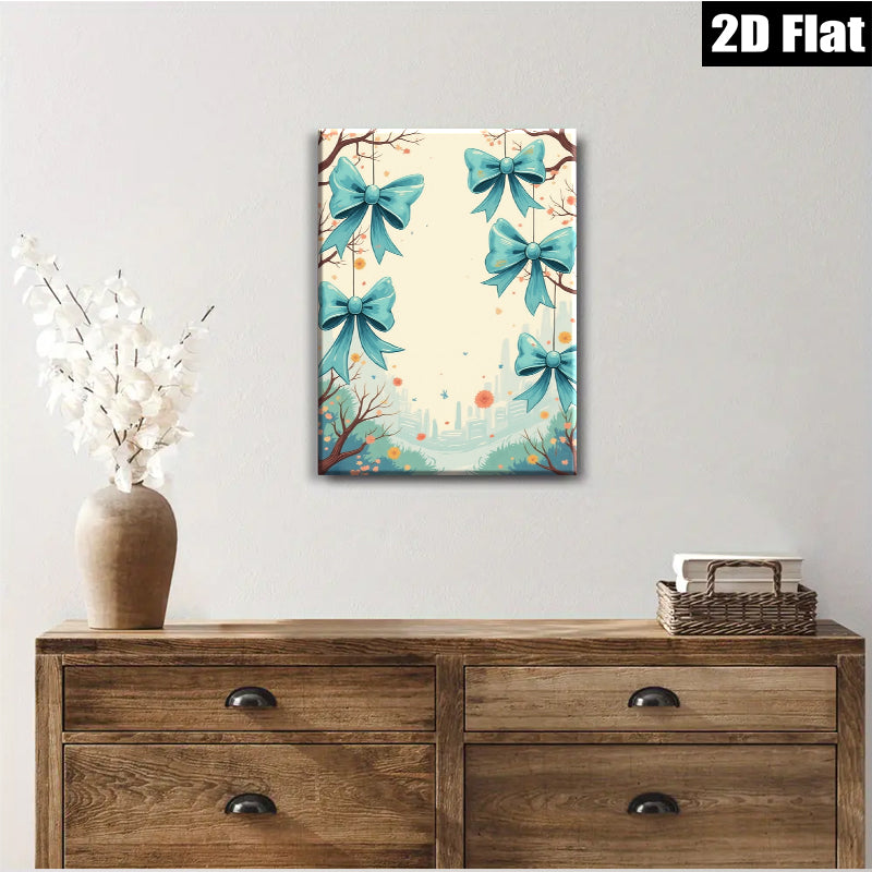 2D flat 1pc whimsical blue ribbon floral garden wall art canvas prints for living room bedroom home decor farmhouse style cozy vibes