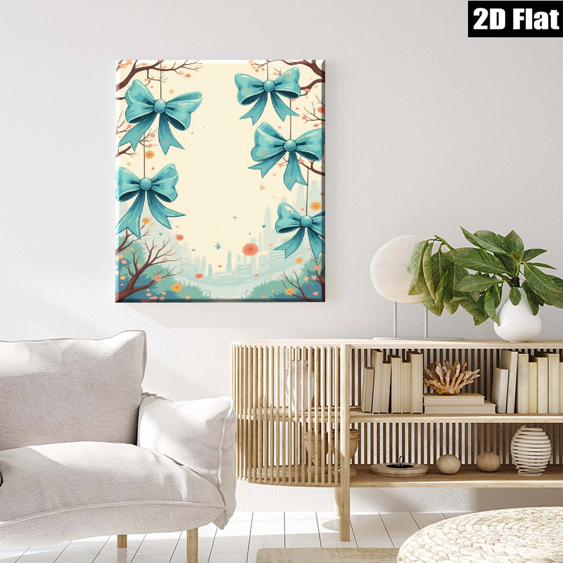 2D flat 1pc whimsical blue ribbon floral garden wall art canvas prints for living room bedroom home decor farmhouse style cozy vibes