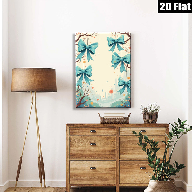 2D flat 1pc whimsical blue ribbon floral garden wall art canvas prints for living room bedroom home decor farmhouse style cozy vibes