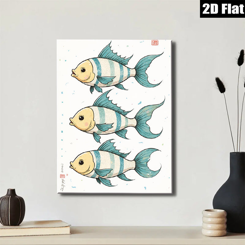 2D flat 1pc whimsical blue striped fish wall art decor for kids bedroom nursery playroom modern farmhouse living room gallery wrapped canvas prints