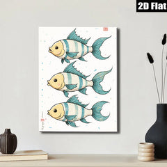 2D flat 1pc whimsical blue striped fish wall art decor for kids bedroom nursery playroom modern farmhouse living room gallery wrapped canvas prints