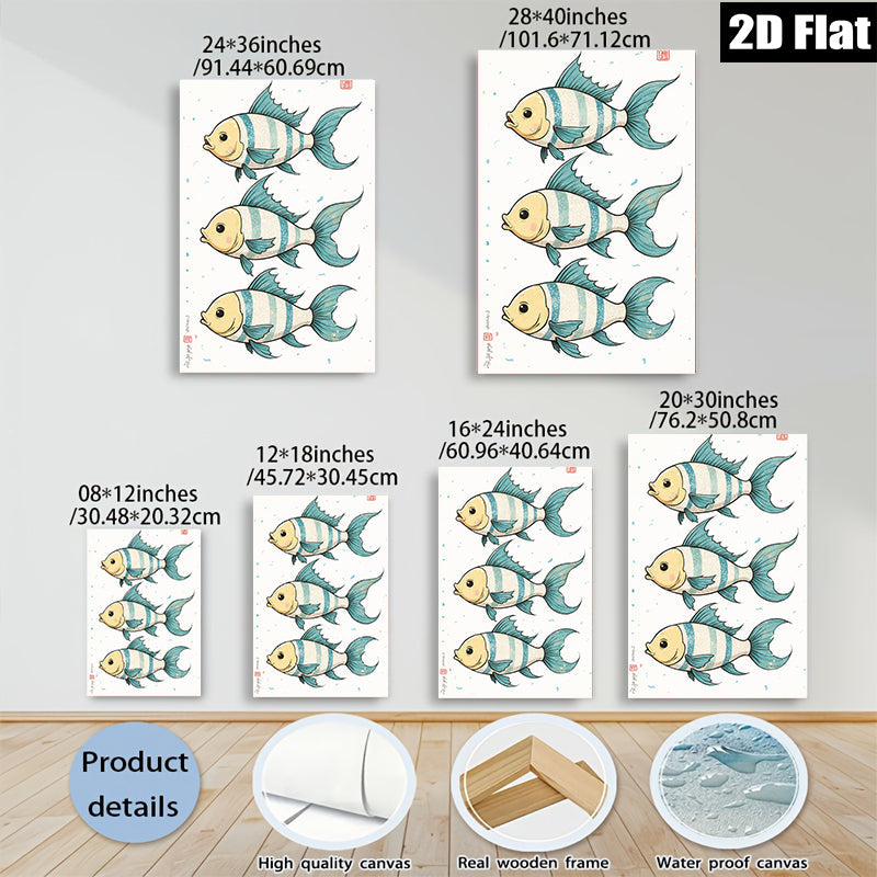 2D flat 1pc whimsical blue striped fish wall art decor for kids bedroom nursery playroom modern farmhouse living room gallery wrapped canvas prints