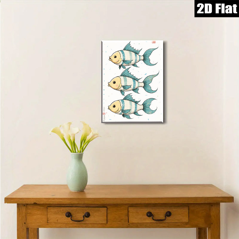 2D flat 1pc whimsical blue striped fish wall art decor for kids bedroom nursery playroom modern farmhouse living room gallery wrapped canvas prints