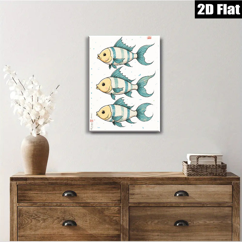 2D flat 1pc whimsical blue striped fish wall art decor for kids bedroom nursery playroom modern farmhouse living room gallery wrapped canvas prints