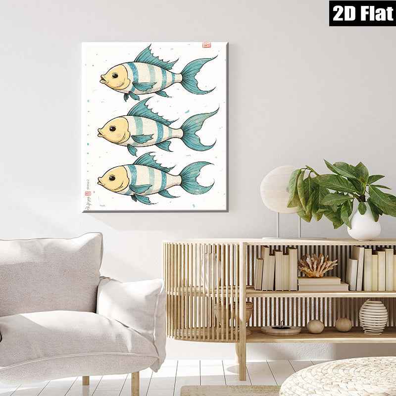 2D flat 1pc whimsical blue striped fish wall art decor for kids bedroom nursery playroom modern farmhouse living room gallery wrapped canvas prints