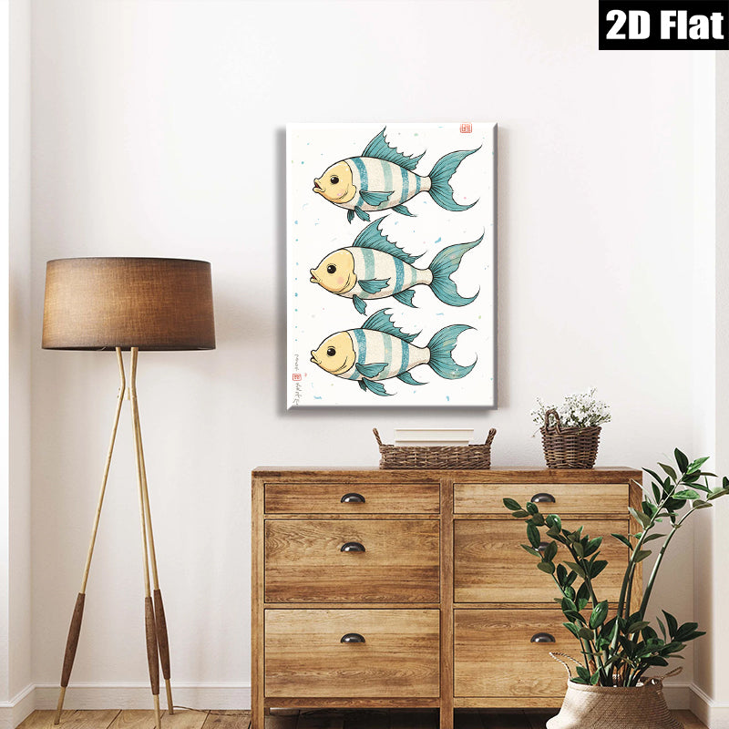 2D flat 1pc whimsical blue striped fish wall art decor for kids bedroom nursery playroom modern farmhouse living room gallery wrapped canvas prints