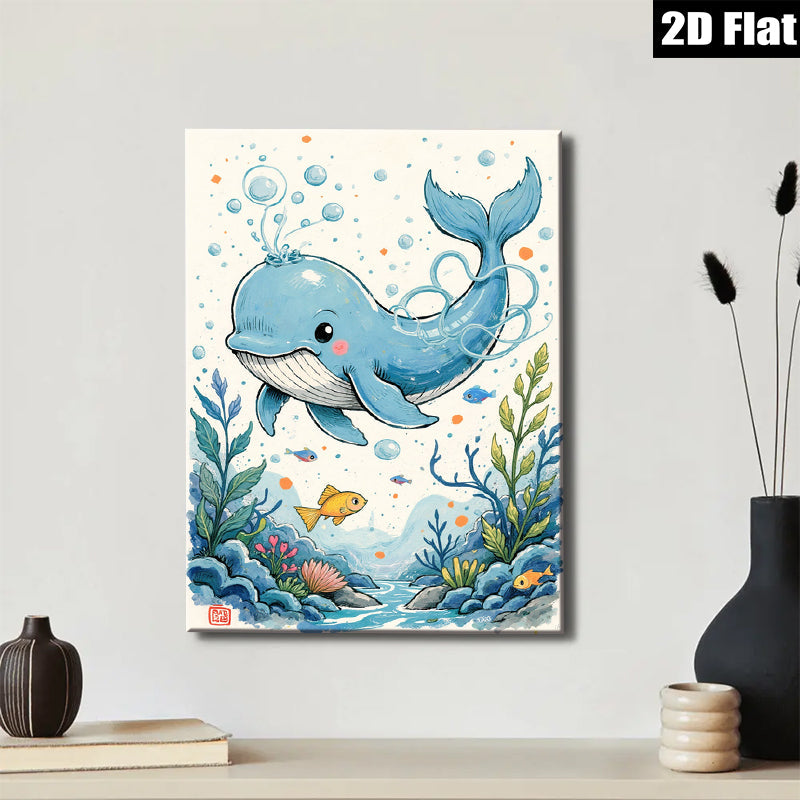 2D flat 1pc whimsical blue whale ocean life wall art for kids room nursery playroom decor farmhouse style canvas prints modern aesthetic