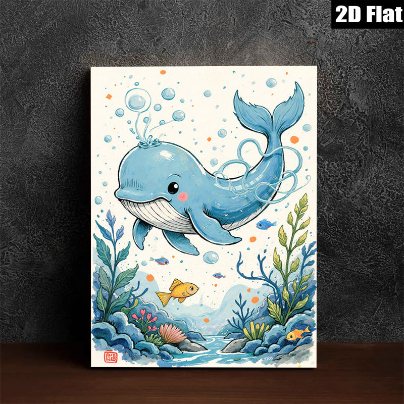 2D flat 1pc whimsical blue whale ocean life wall art for kids room nursery playroom decor farmhouse style canvas prints modern aesthetic