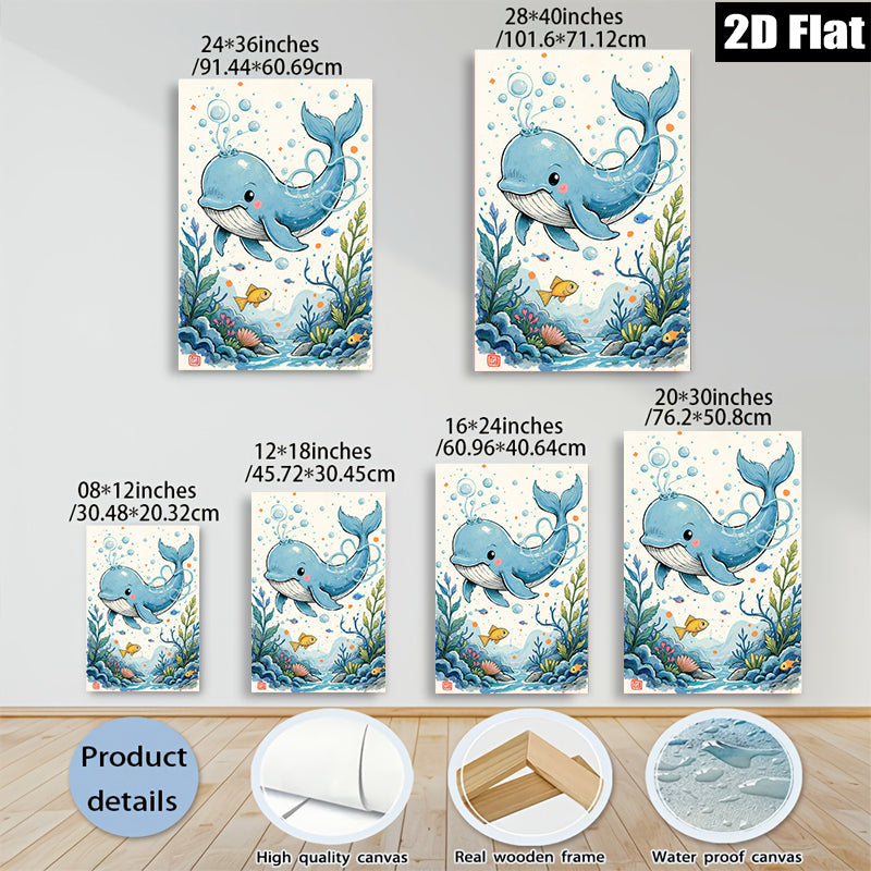 2D flat 1pc whimsical blue whale ocean life wall art for kids room nursery playroom decor farmhouse style canvas prints modern aesthetic