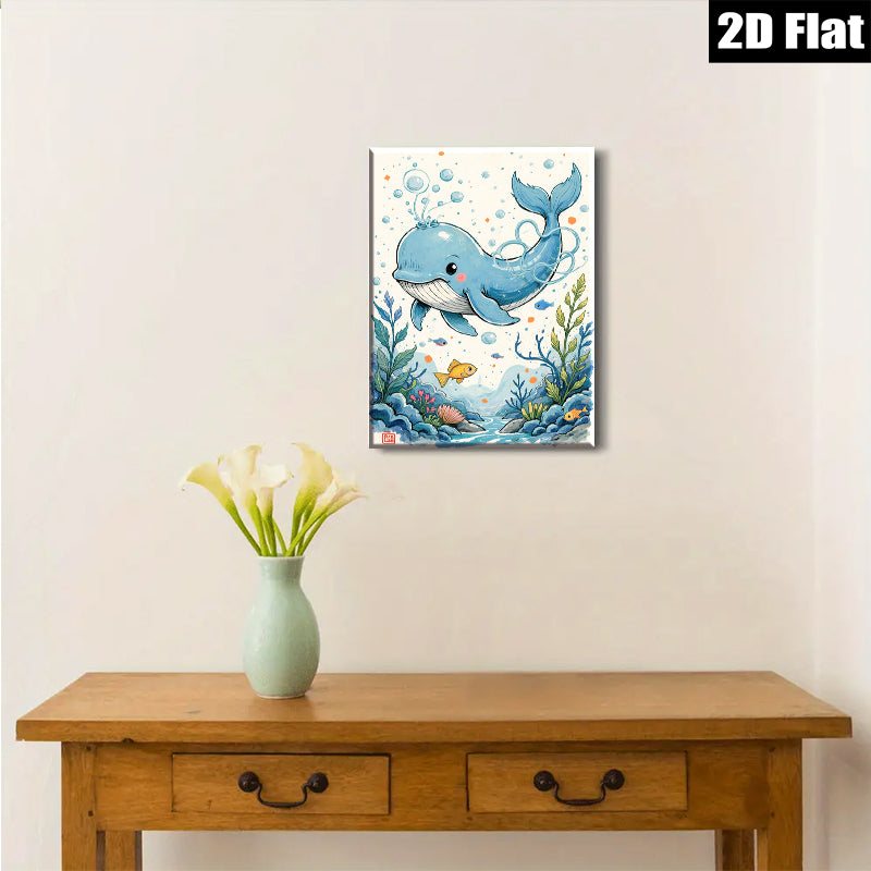 2D flat 1pc whimsical blue whale ocean life wall art for kids room nursery playroom decor farmhouse style canvas prints modern aesthetic