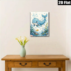 2D flat 1pc whimsical blue whale ocean life wall art for kids room nursery playroom decor farmhouse style canvas prints modern aesthetic