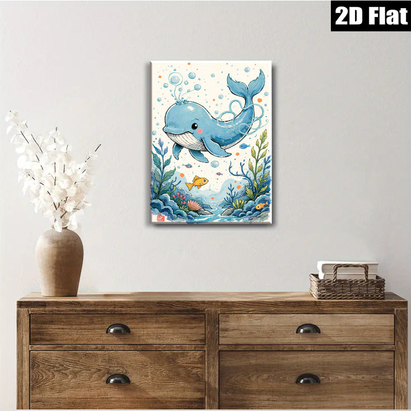 2D flat 1pc whimsical blue whale ocean life wall art for kids room nursery playroom decor farmhouse style canvas prints modern aesthetic