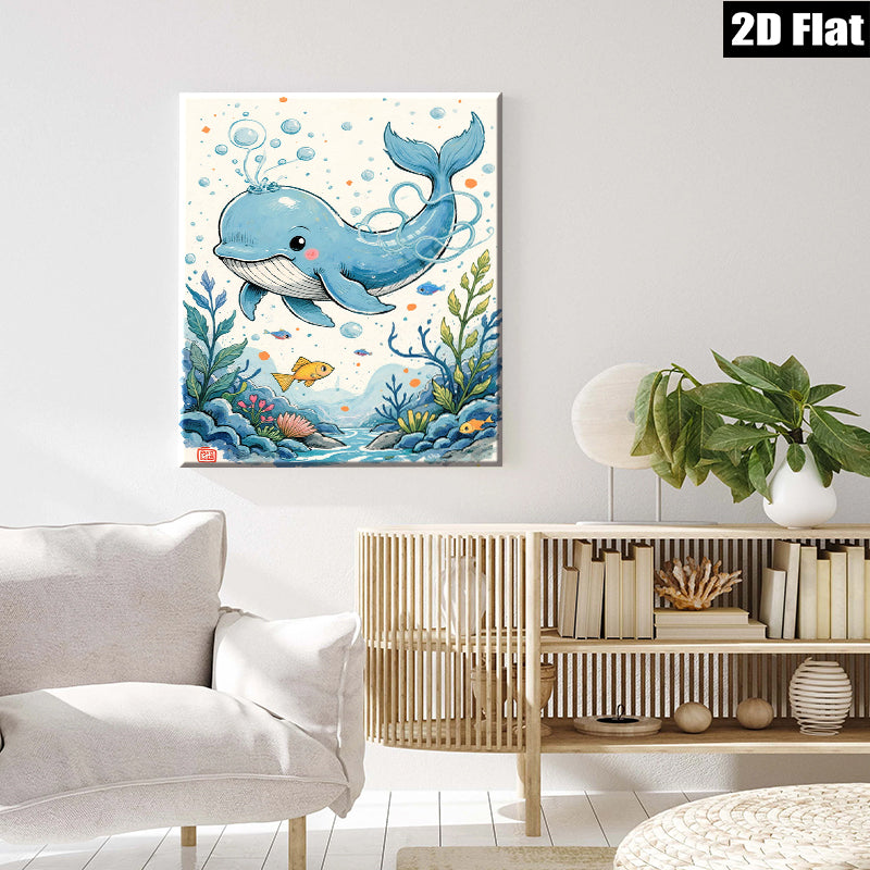 2D flat 1pc whimsical blue whale ocean life wall art for kids room nursery playroom decor farmhouse style canvas prints modern aesthetic