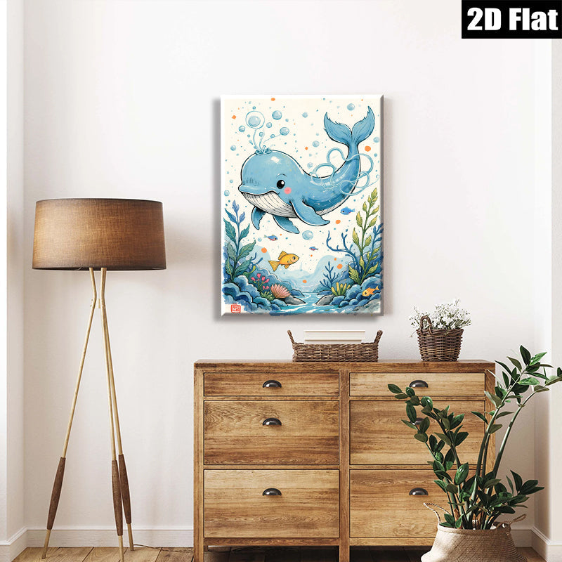 2D flat 1pc whimsical blue whale ocean life wall art for kids room nursery playroom decor farmhouse style canvas prints modern aesthetic