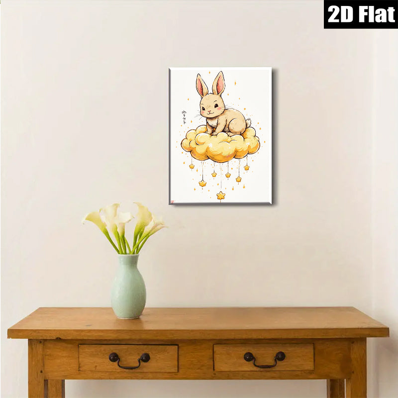 2D flat 1pc whimsical bunny cloud art print nursery bedroom decor farmhouse wall art living room cozy aesthetic gallery wrapped canvas modern minimalist