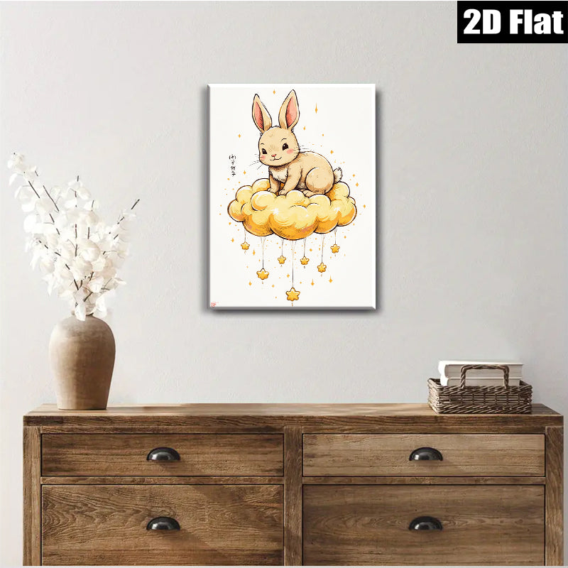 2D flat 1pc whimsical bunny cloud art print nursery bedroom decor farmhouse wall art living room cozy aesthetic gallery wrapped canvas modern minimalist