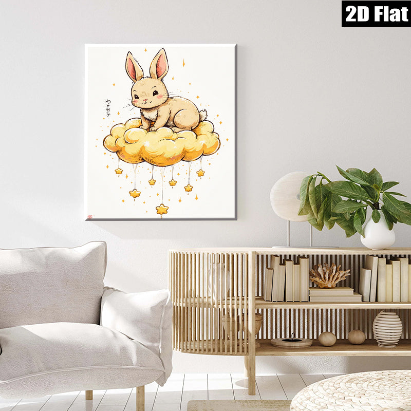 2D flat 1pc whimsical bunny cloud art print nursery bedroom decor farmhouse wall art living room cozy aesthetic gallery wrapped canvas modern minimalist
