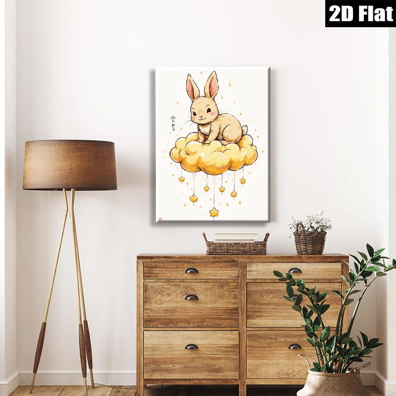 2D flat 1pc whimsical bunny cloud art print nursery bedroom decor farmhouse wall art living room cozy aesthetic gallery wrapped canvas modern minimalist