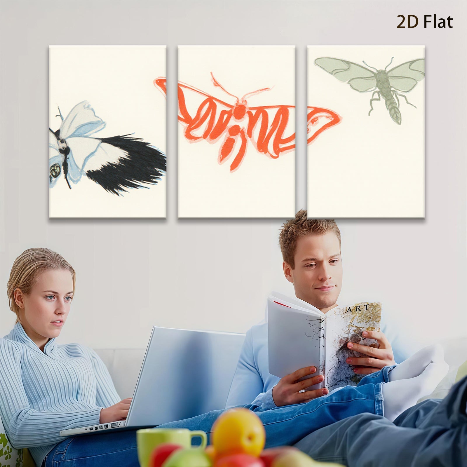 2D flat 1pc whimsical butterfly watercolor painting botanical wall art home decor bedroom living room gallery wrapped canvas modern farmhouse style